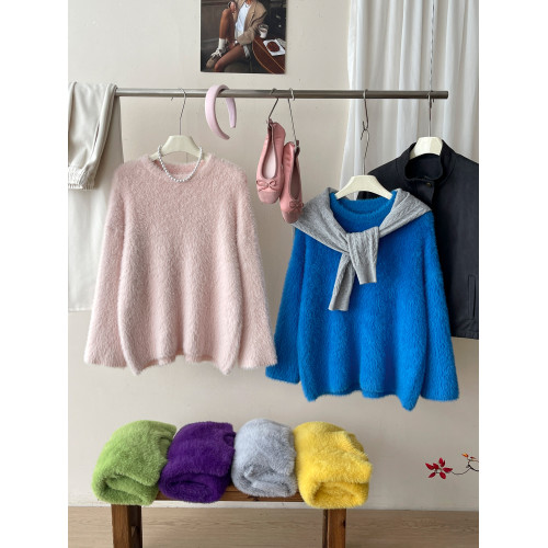 日韓系復古溫柔軟糯水貂絨毛衣女秋冬休閒百搭慵懶風松弛感針織衫