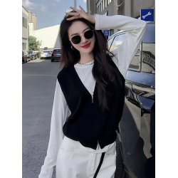 韓系穿搭高級感女秋季2025新款爆款針織馬甲打底衫兩件套長袖上衣