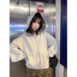 美式豹紋拼接耳朵連帽衛衣女早秋灰色小惡魔開衫外套寬松休閒上衣