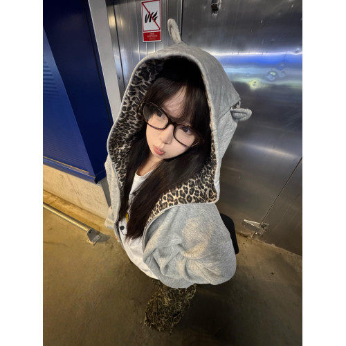 美式豹紋拼接耳朵連帽衛衣女早秋灰色小惡魔開衫外套寬松休閒上衣 美式豹紋拼接耳朵連帽衛衣女早秋灰色小惡魔開衫外套寬松休閒上衣
