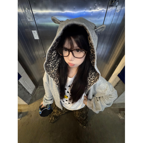 美式豹紋拼接耳朵連帽衛衣女早秋灰色小惡魔開衫外套寬松休閒上衣 美式豹紋拼接耳朵連帽衛衣女早秋灰色小惡魔開衫外套寬松休閒上衣