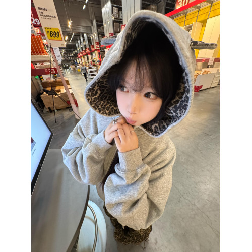 美式豹紋拼接耳朵連帽衛衣女早秋灰色小惡魔開衫外套寬松休閒上衣 美式豹紋拼接耳朵連帽衛衣女早秋灰色小惡魔開衫外套寬松休閒上衣
