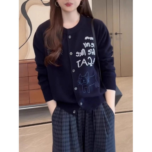 韓系卡通小貓刺綉針織開衫女秋季大碼胖MM寬松顯瘦慵懶風毛衣外套