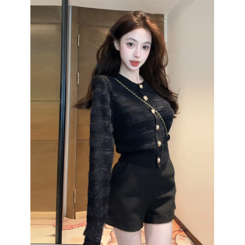 【XIAOBAWANG】黑色圓領針織開衫外套上衣女秋冬小個子收腰上衣