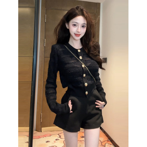 【XIAOBAWANG】黑色圓領針織開衫外套上衣女秋冬小個子收腰上衣