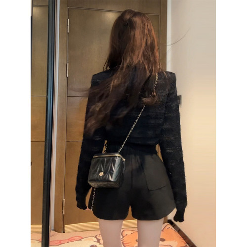 【XIAOBAWANG】黑色圓領針織開衫外套上衣女秋冬小個子收腰上衣