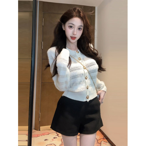 【XIAOBAWANG】黑色圓領針織開衫外套上衣女秋冬小個子收腰上衣