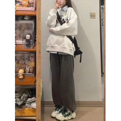 純棉美式復古卡通圓領衛衣女2025新款設計感寬松套頭無帽長袖上衣