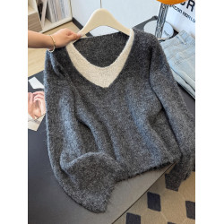 韓系溫柔風撞色假兩件毛衣秋季大碼胖mm時尚百搭顯瘦寬鬆軟糯上衣