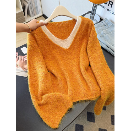 韓系溫柔風撞色假兩件毛衣秋季大碼胖mm時尚百搭顯瘦寬鬆軟糯上衣