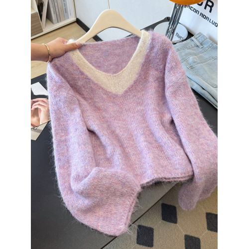 韓系溫柔風撞色假兩件毛衣秋季大碼胖mm時尚百搭顯瘦寬鬆軟糯上衣