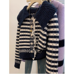 小香風翻領條紋針織開衫毛衣外套女小個子寬松軟糯慵懶風秋冬上衣