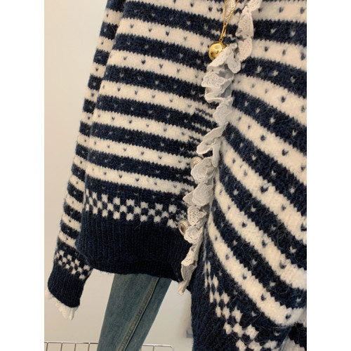 小香風翻領條紋針織開衫毛衣外套女小個子寬松軟糯慵懶風秋冬上衣