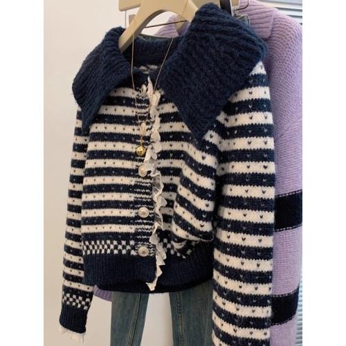 小香風翻領條紋針織開衫毛衣外套女小個子寬松軟糯慵懶風秋冬上衣