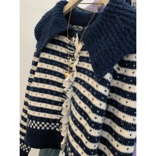 小香風翻領條紋針織開衫毛衣外套女小個子寬松軟糯慵懶風秋冬上衣