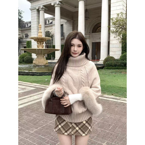 麻花高領仿狐狸毛針織上衣女秋冬設計感慵懶風寬松千金感氣質毛衣