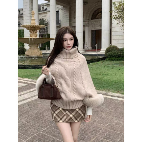 麻花高領仿狐狸毛針織上衣女秋冬設計感慵懶風寬松千金感氣質毛衣