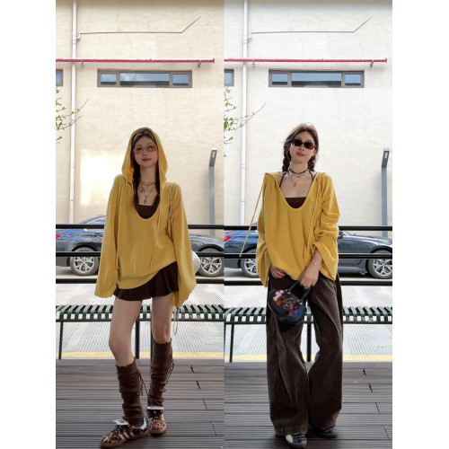 韓系氛圍感穿搭黃色v領連帽針織衫女早秋寬松慵懶高級感外套上衣