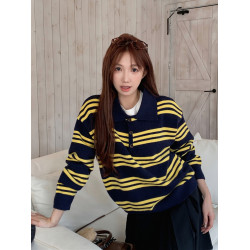 秋冬時髦條紋Polo翻領針織衫女寬松紐釦撞色毛衣ins百搭減齡上衣