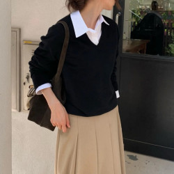 妞妞家秋季新品女士簡約復古學院風V領羊毛長袖百搭針織衫8188