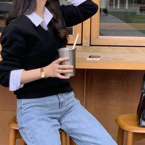 妞妞家秋季新品女士簡約復古學院風V領羊毛長袖百搭針織衫8188