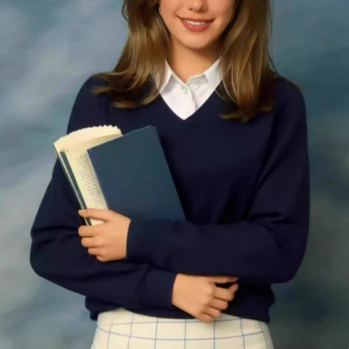 妞妞家秋季新品女士簡約復古學院風V領羊毛長袖百搭針織衫8188