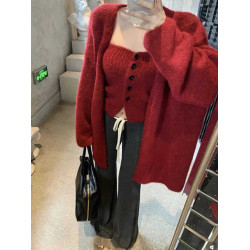 慵懶風中長款針織開衫抹胸背心兩件套酷辣毛衣外套吊帶套裝女秋冬