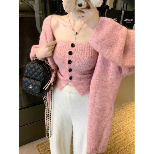 慵懶風中長款針織開衫抹胸背心兩件套酷辣毛衣外套吊帶套裝女秋冬 慵懶風中長款針織開衫抹胸背心兩件套酷辣毛衣外套吊帶套裝女秋冬