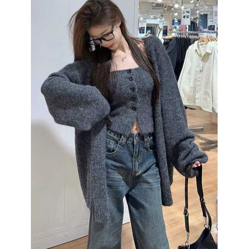 慵懶風中長款針織開衫抹胸背心兩件套酷辣毛衣外套吊帶套裝女秋冬 慵懶風中長款針織開衫抹胸背心兩件套酷辣毛衣外套吊帶套裝女秋冬