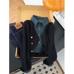 復古高級感假兩件牛仔拼接針織衫女秋冬小衆氣質短款曡穿外套上衣