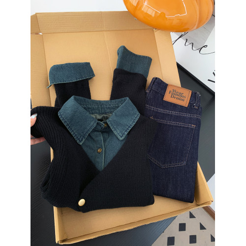 復古高級感假兩件牛仔拼接針織衫女秋冬小衆氣質短款曡穿外套上衣