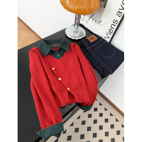 復古高級感假兩件牛仔拼接針織衫女秋冬小衆氣質短款曡穿外套上衣