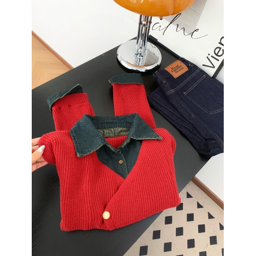 復古高級感假兩件牛仔拼接針織衫女秋冬小衆氣質短款曡穿外套上衣