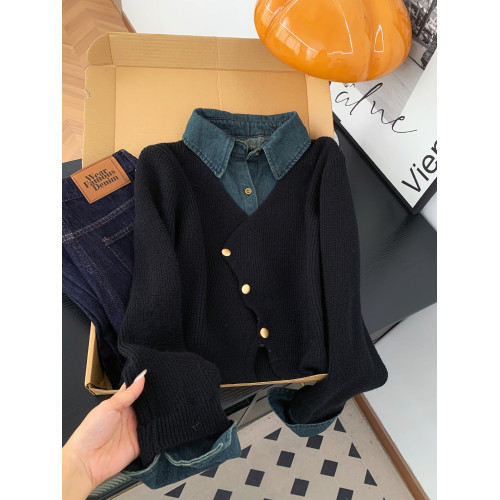 復古高級感假兩件牛仔拼接針織衫女秋冬小衆氣質短款曡穿外套上衣