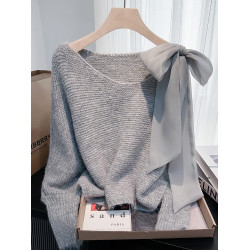 甜美風粉色蝴蝶結設計感蝙蝠袖軟糯毛衣女秋冬巨好看漂亮氣質上衣