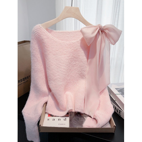 甜美風粉色蝴蝶結設計感蝙蝠袖軟糯毛衣女秋冬巨好看漂亮氣質上衣