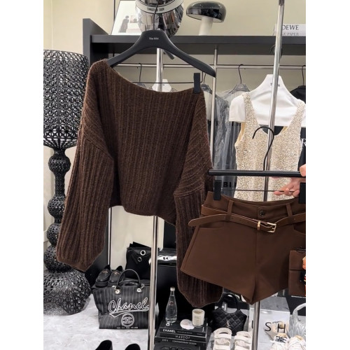 美拉德一字肩針織衫女咖色露肩顯瘦氣質毛衣百搭上衣2025秋季新款 美拉德一字肩針織衫女咖色露肩顯瘦氣質毛衣百搭上衣2025秋季新款