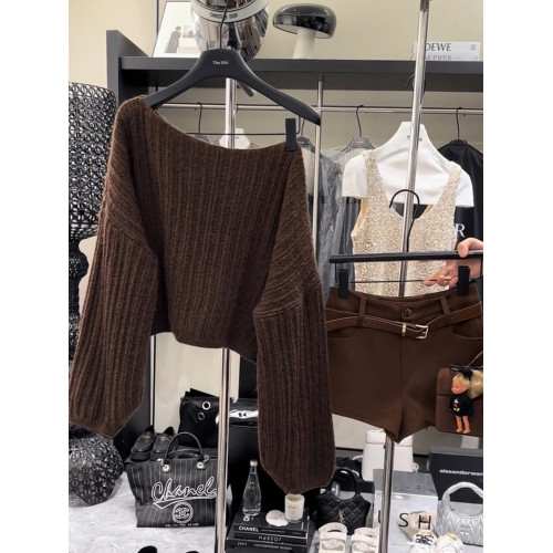 美拉德一字肩針織衫女咖色露肩顯瘦氣質毛衣百搭上衣2025秋季新款 美拉德一字肩針織衫女咖色露肩顯瘦氣質毛衣百搭上衣2025秋季新款