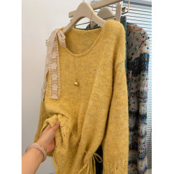 蕾絲蝴蝶結綁帶黃色鏤空長袖毛衣女2025新款設計感針織衫溫柔上衣