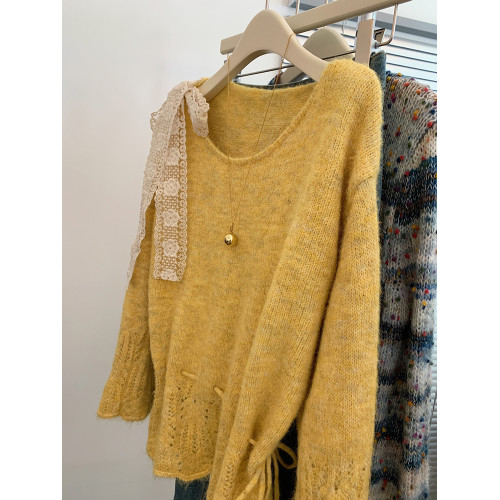 蕾絲蝴蝶結綁帶黃色鏤空長袖毛衣女2025新款設計感針織衫溫柔上衣 蕾絲蝴蝶結綁帶黃色鏤空長袖毛衣女2025新款設計感針織衫溫柔上衣