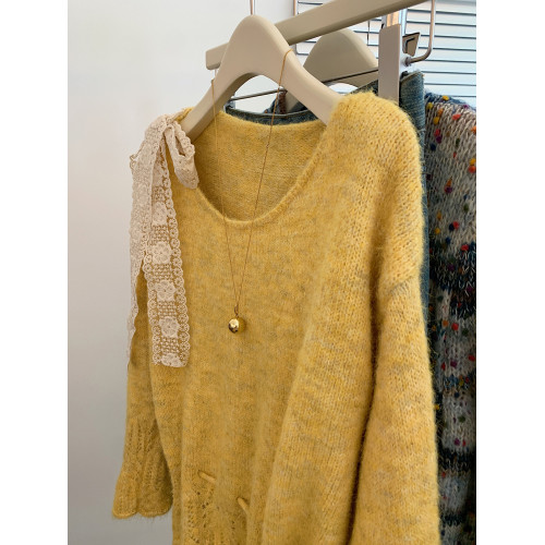 蕾絲蝴蝶結綁帶黃色鏤空長袖毛衣女2025新款設計感針織衫溫柔上衣 蕾絲蝴蝶結綁帶黃色鏤空長袖毛衣女2025新款設計感針織衫溫柔上衣