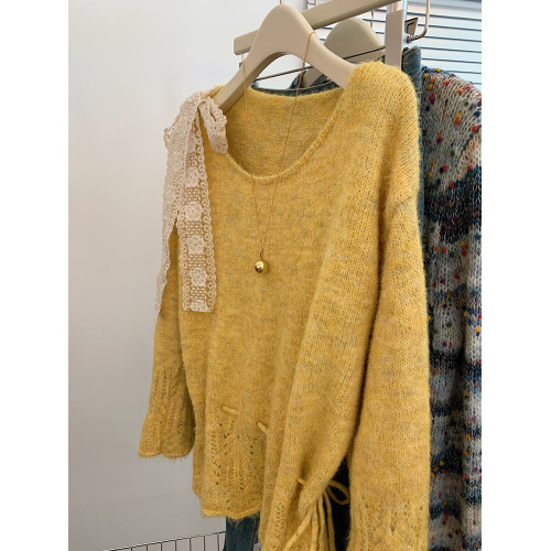 蕾絲蝴蝶結綁帶黃色鏤空長袖毛衣女2025新款設計感針織衫溫柔上衣 蕾絲蝴蝶結綁帶黃色鏤空長袖毛衣女2025新款設計感針織衫溫柔上衣