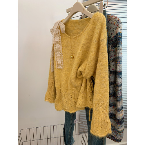 蕾絲蝴蝶結綁帶黃色鏤空長袖毛衣女2025新款設計感針織衫溫柔上衣 蕾絲蝴蝶結綁帶黃色鏤空長袖毛衣女2025新款設計感針織衫溫柔上衣