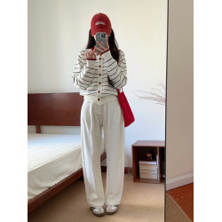 高級感小衆撞色條紋開衫上衣女春秋季紐釦圓領長袖百搭針織衫外套