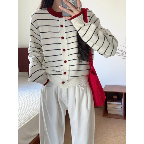 高級感小衆撞色條紋開衫上衣女春秋季紐釦圓領長袖百搭針織衫外套