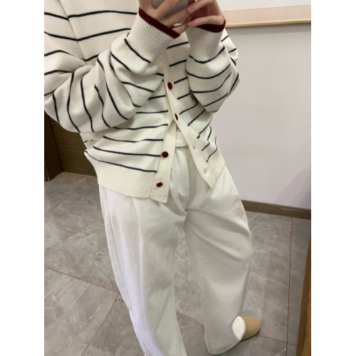 高級感小衆撞色條紋開衫上衣女春秋季紐釦圓領長袖百搭針織衫外套