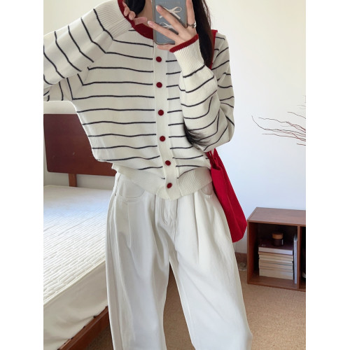 高級感小衆撞色條紋開衫上衣女春秋季紐釦圓領長袖百搭針織衫外套