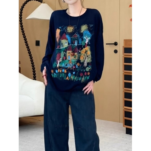 大碼圓領塗鴉長袖T恤女2026秋季新款胖mm寬鬆顯瘦百搭打底衫上衣