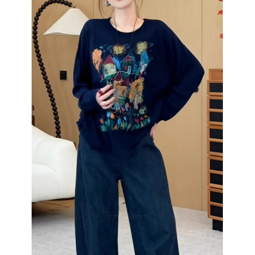 大碼圓領塗鴉長袖T恤女2026秋季新款胖mm寬鬆顯瘦百搭打底衫上衣