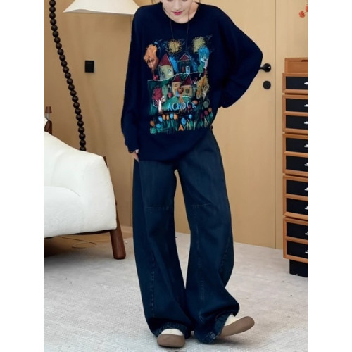 大碼圓領塗鴉長袖T恤女2026秋季新款胖mm寬鬆顯瘦百搭打底衫上衣